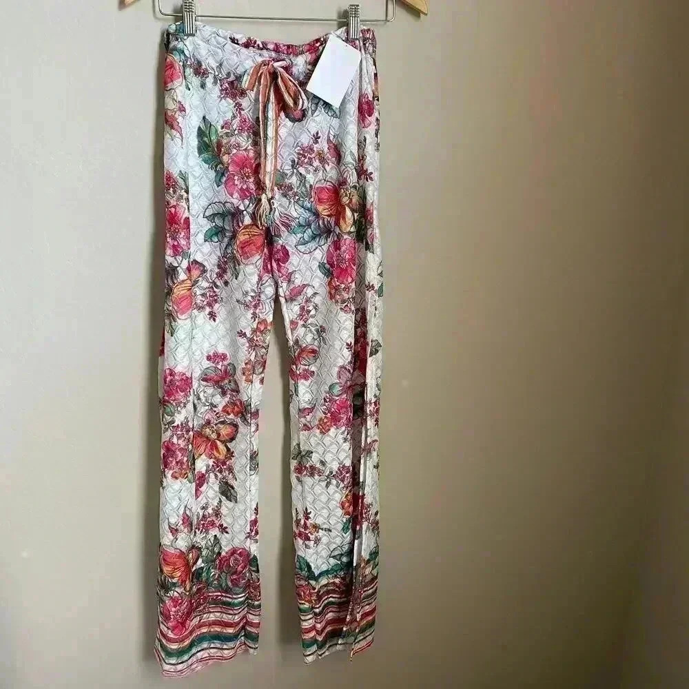 Becca Crochet Beach Cover Up Pants Floral Wide Leg‎ Side Slit Drawstring M NWT
